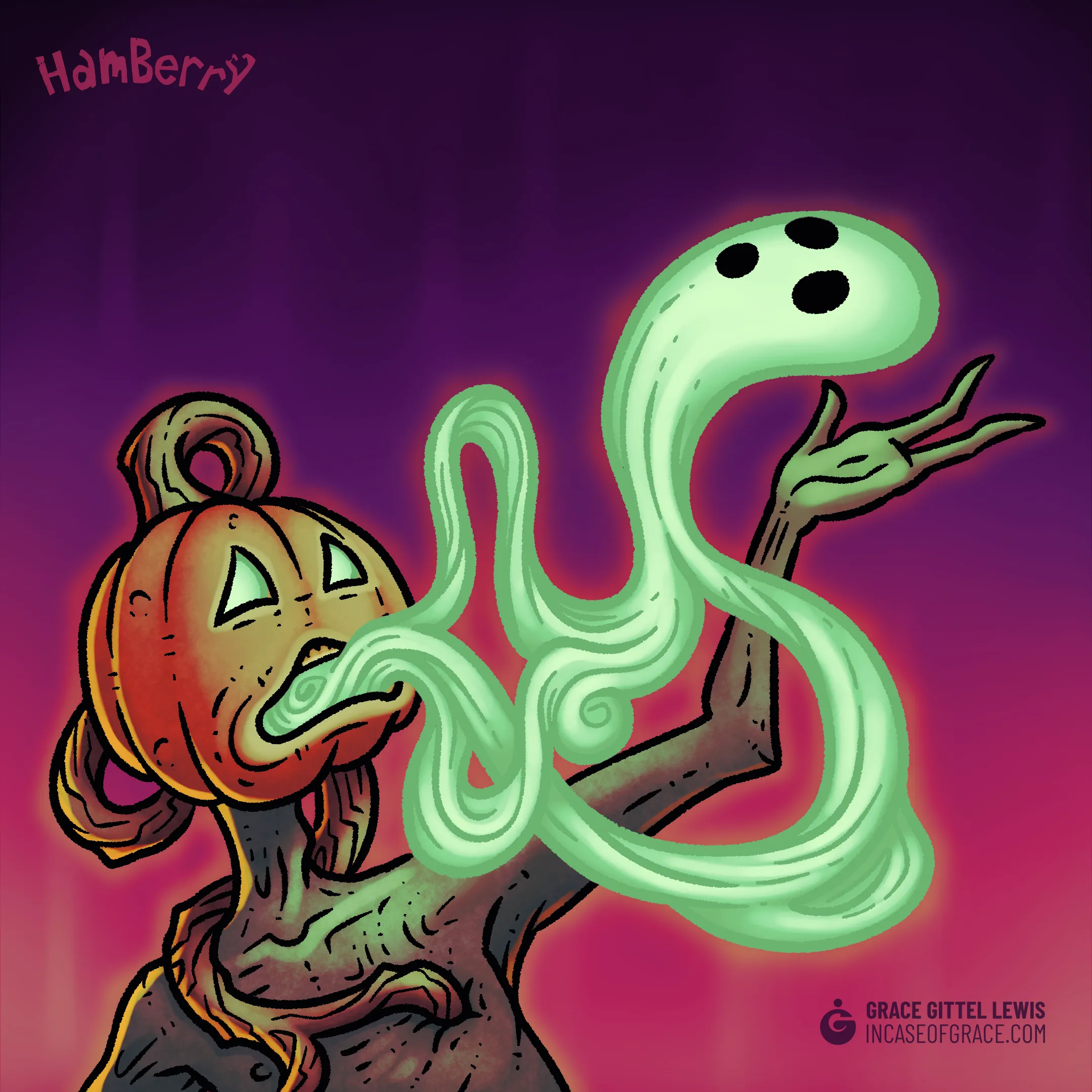 An illustration of a pumpkin-headed figure, arm outstretched, as glowing green smoke escapes their mouth and forms into a ghost. The vine from their pumpkin head twirls around their body, before penetrating their chest. All this over a dark purple-to-red background.